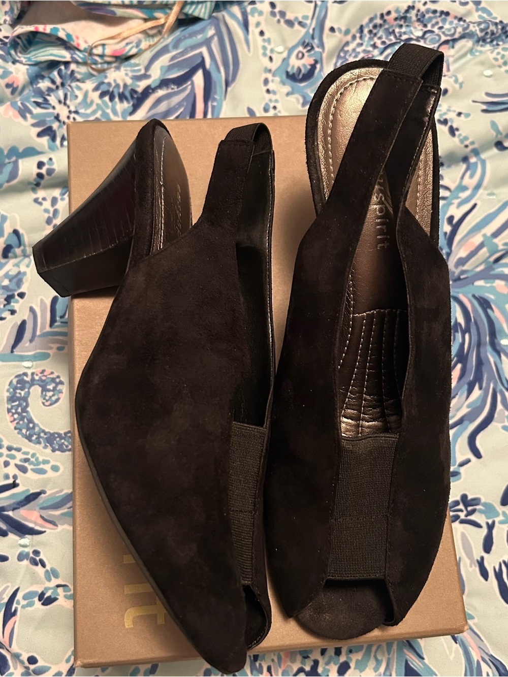Easy Spirit Women’s Raniat Black Suede Peep Toe Slingback Block Heel 7.5W